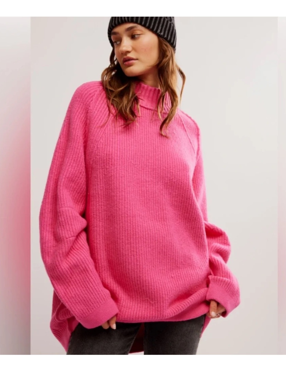 Free People Sunbeam Oversized Chunky Turtleneck Sweater Vibrant Pink Size Medium
